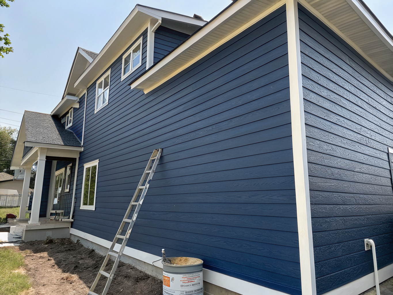 Two-storey coastal home exterior facade painted in crisp white and navy architectural finishes