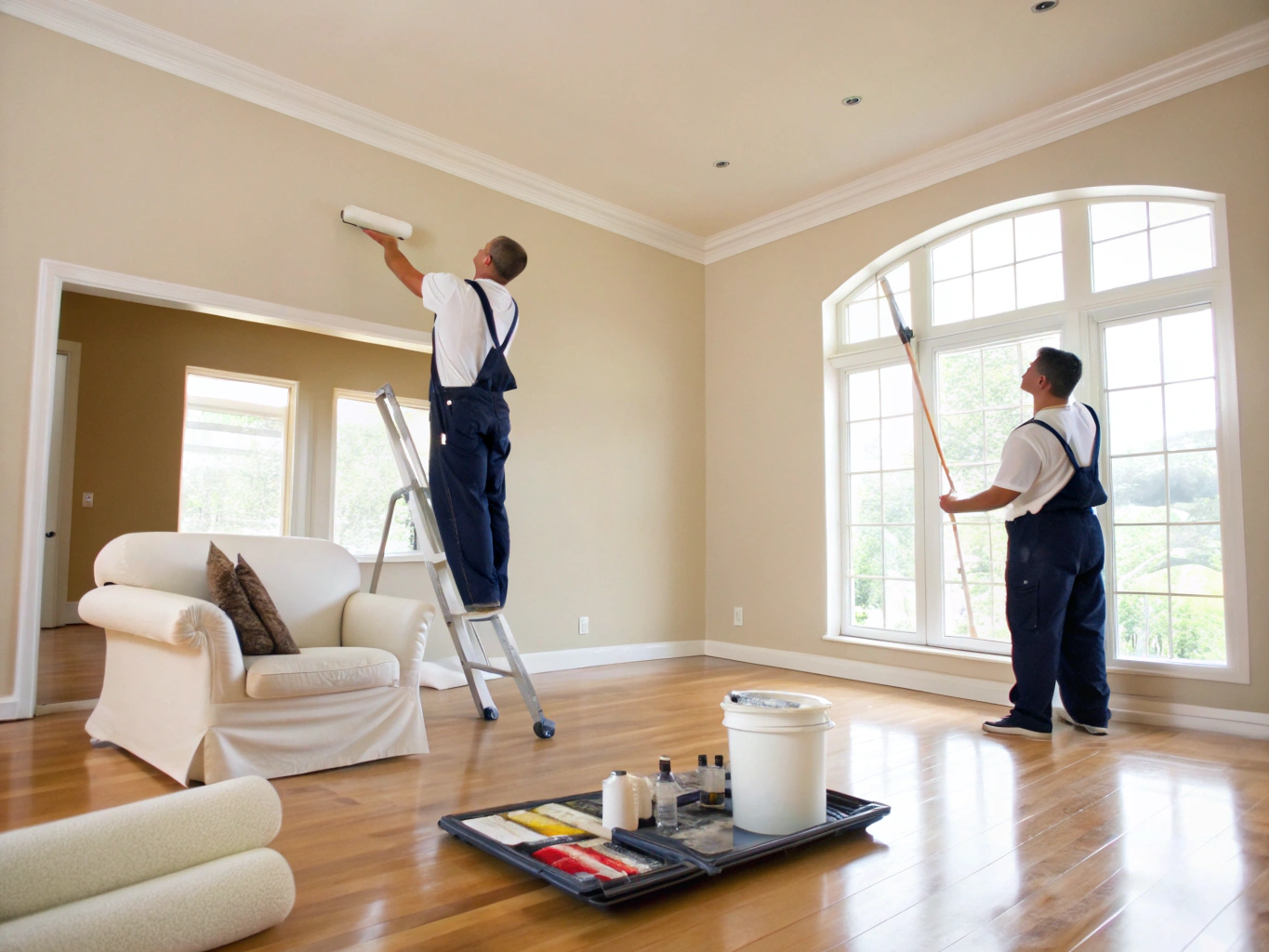 Bright sunlit living room being carefully painted with protective drop sheets and clean tape edges